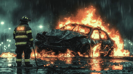 Wall Mural - Firefighter in full gear battles a burning car.