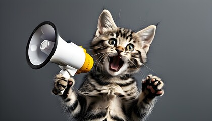 Wall Mural - Adorable kitten with a loudspeaker shouting on a gray backdrop