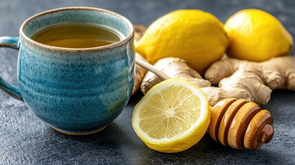 Poster - A cup of tea with lemon and honey on a table, AI