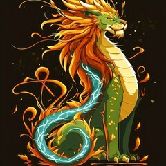 Canvas Print - Mythical Lion Dragon Creature with Orange and Green Scales and Glowing Tail