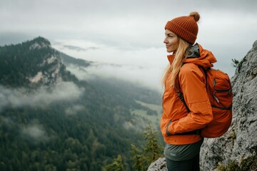 young woman in orange hiking jacket in misty mountains - outdoor adventure and exploration for activ