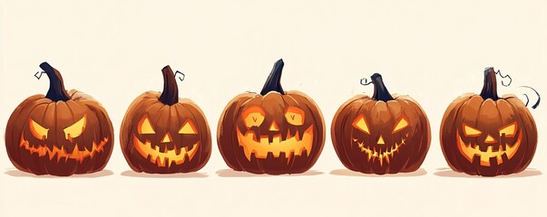 Wall Mural - Row of five carved pumpkins with glowing eyes ready for halloween festivities