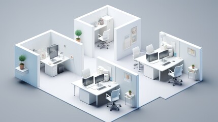 Wall Mural - A 3D isometric illustration of a minimalist office with three workstations, each with a desk, chair, monitor, and keyboard