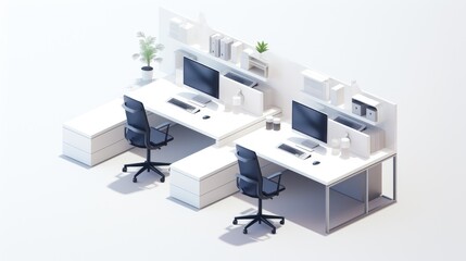 Wall Mural - Modern minimalist office with two workstations, computer monitors, office chairs, and plants.