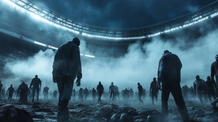 An outdoor crowd of zombies with military uniforms in a stadium area.