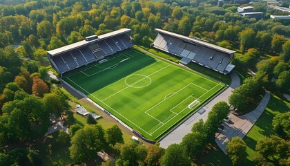 Wall Mural - aerial perspective of a contemporary soccer stadium surrounded by lush trees and a vibrant park setting