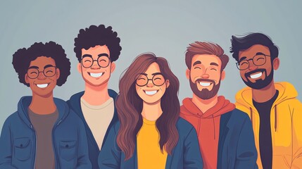 Five young adults in casual attire and glasses, smiling together as a group