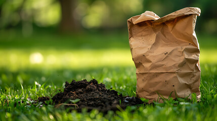 Wall Mural - a brown paper bag with its top slightly crumpled and twisted, placed next to a small pile of soil on grass. The background is blurred, giving a natural, outdoor feel