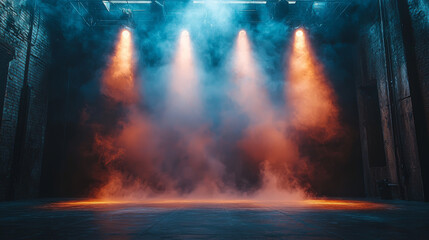 Sticker - Three spotlights illuminate a smoky stage in an industrial setting.