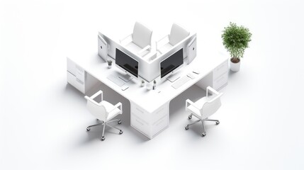 Wall Mural - Minimalist office workspace with three workstations, two chairs, plant, and computers.