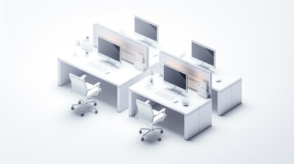 Minimalist office workspace with two white desks and chairs, computers, and lamps on a white background.