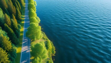 Wall Mural - Scenic aerial vista of winding road through lush green forests alongside sparkling blue lakes