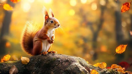 Wall Mural - Autumn park scene with red squirrel in yellow leaves.