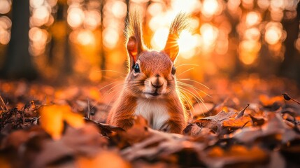 Wall Mural - Autumn park in a yellow autumn park with a red squirrel in yellow leaves.