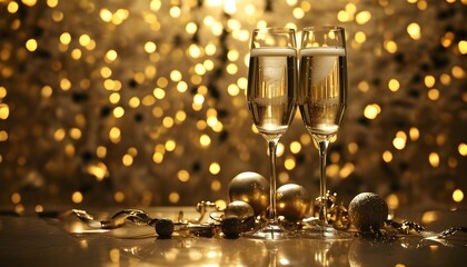 Romantic dinner setting with glasses of champagne surrounded by a luxurious atmosphere and a shimmering golden backdrop