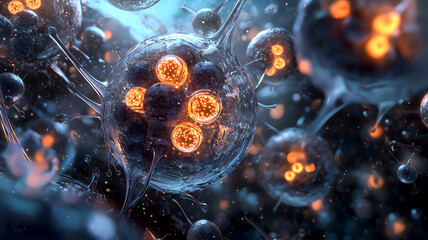 3d render of abstract art background wallpaper inside of microscope with surreal organic substance cells inside an organism with glowing small balls spheres