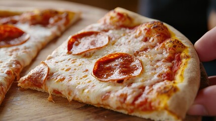 Poster - A close up of a slice of pepperoni pizza on top of a wooden board, AI