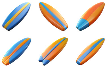 PNG surfboard 3d collection, in cartoon style minimal on transparent, white background, isolate
