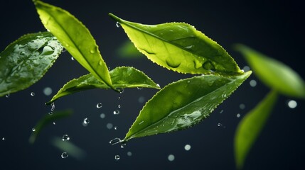 art of vividly flying green tea leaves on a dark background.