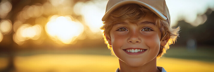 Wall Mural - Young boy smiles for the camera on a sunny day.