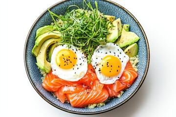 Quinoa poke bowl with salmon  avocado  and poached eggs.