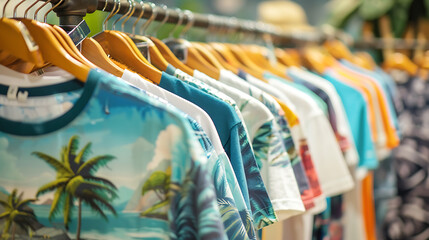 Wall Mural - 
The image shows a row of colorful t-shirts hanging on a clothing rack. The focus is on a t-shirt in the foreground with a graphic print featuring shades of blue