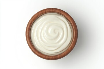 Wooden bowl of fresh greek yogurt isolated on white background  top view