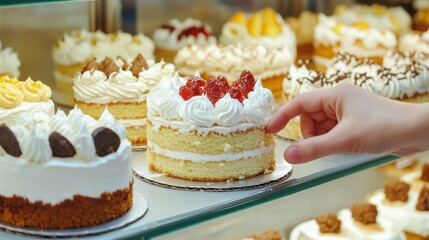 Wall Mural - A person picking up a cake from the display case, AI