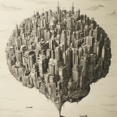 Wall Mural - A detailed pencil drawing of a futuristic city floating in the sky.