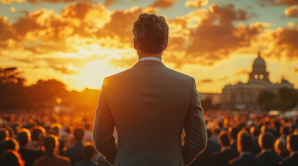 Poster - Man in suit stands before a crowd at sunset.