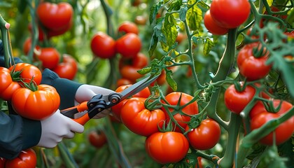 Birds-eye view of a gardener harvesting ripe red tomatoes with scissors amidst lush green foliage