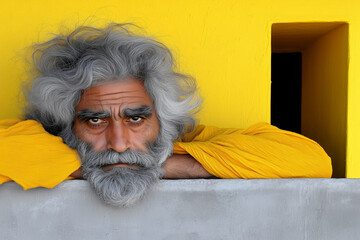 A man with a beard and gray hair is leaning against a yellow wall. He looks tired and sad