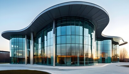 Poster - Sleek modern architecture featuring a curving roof and innovative glass-steel columns