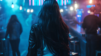 Wall Mural - A photo of a stylish and woman with long dark hair. She is wearing a black leather jacket and a white shirt. The woman is walking in a night club