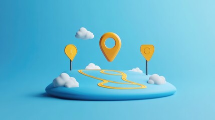 Wall Mural - A 3D illustration of a yellow map pin floating above a curved road on a blue background with clouds.