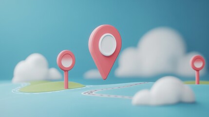 Wall Mural - A pink 3D location pin hovers above a stylized map with clouds and a winding road.