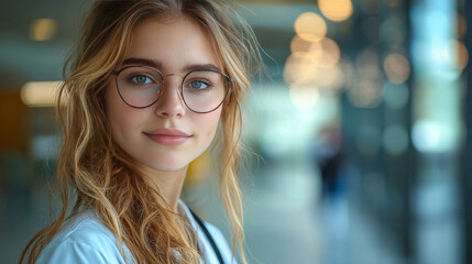 Canvas Print - Young woman with blonde hair and glasses smiling.