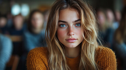 Canvas Print - Young woman with long blonde hair stares intently at the camera.