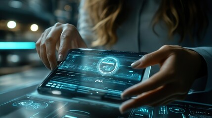 Poster - Woman's hand interacts with a futuristic glowing interface on a tablet. .