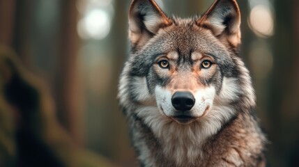 Canvas Print - A close up of a wolf looking into the camera with trees in background, AI