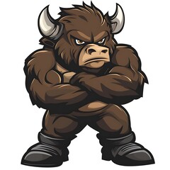 Wall Mural - Cartoon Buffalo Mascot with Strong Body,  Arms Crossed,  and Aggressive Look