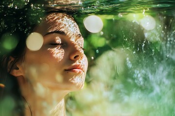 Wall Mural - Woman submerged in water with eyes closed, sunlight shining through water. Relaxing, peaceful, zen, beauty, nature.