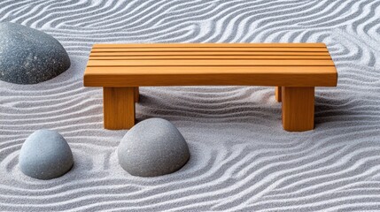 Wall Mural - A wooden bench sitting in the sand next to some rocks, AI