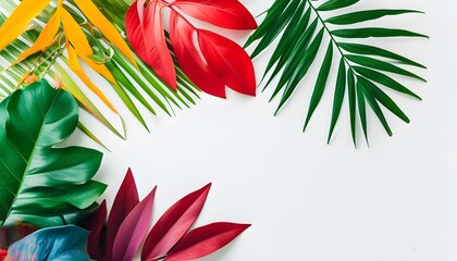 Wall Mural - Vibrant tropical leaf arrangement on a clean white backdrop, showcasing a minimalistic summer exotic aesthetic and ample copy space.