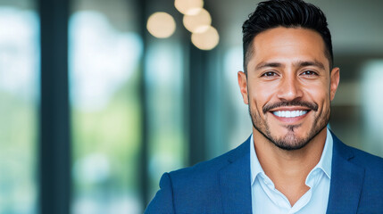 Wall Mural - Smiling Hispanic businessman in a blue suit.