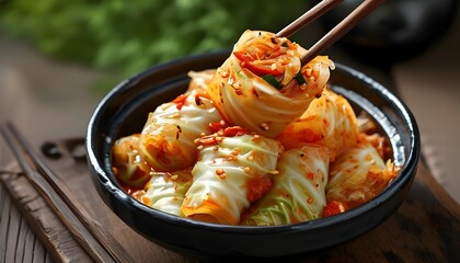 Delicious homemade kimchi cabbage served with chopsticks, a traditional Korean fermented side dish bursting with flavor