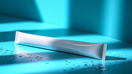 White tube on a blue background with water droplets.