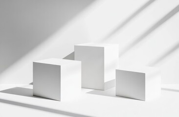 Wall Mural - Minimalist white podiums with sunlight shadows.