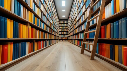 Poster - A long aisle of bookshelves with a ladder in the middle, AI