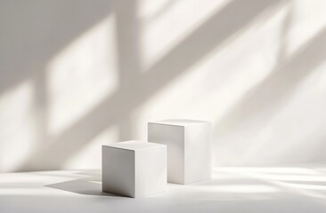 Wall Mural - Two white cubes on a white background with sunlight and shadows.